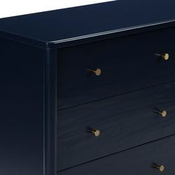 Navy blue wooden dresser with brass round knobs, modern three-drawer bedroom chest