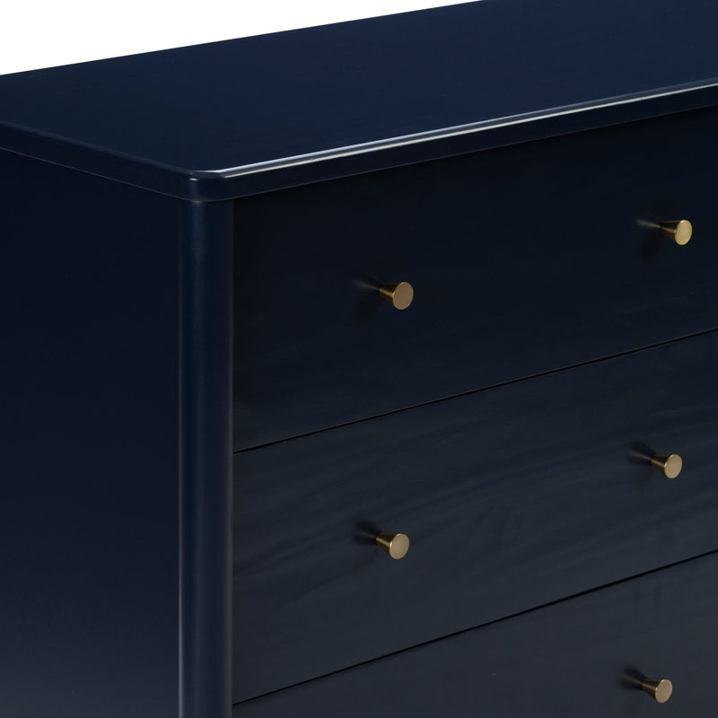 Navy blue wooden dresser with brass round knobs, modern three-drawer bedroom chest