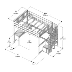 Kids wooden loft bed with side staircase and built-in storage steps, under-bed desk and shelving, slatted twin-size elevated frame with guardrails — technical diagram showing measurements in inches and centimeters