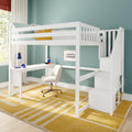 White wooden loft bed with built-in desk and storage stairs in a modern kids' bedroom with teal walls and yellow geometric rug