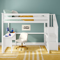 Space-saving modern white loft bed with built-in staircase and drawers, under-bed study desk and chair, teal accent wall and yellow rug in children's bedroom