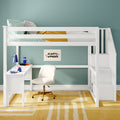 White wooden loft bed with stairs and built-in desk, cream swivel chair, teal accent wall, yellow geometric rug, striped bedding and mustard throw in a modern kids' bedroom study area