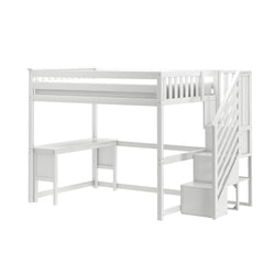 White wooden loft bed with built-in desk and storage stairs, space-saving kids and teen bedroom loft with under-bed workspace and safety guardrails