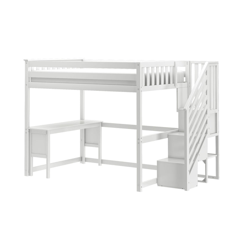White wooden loft bed with built-in desk and storage stairs, space-saving kids and teen bedroom loft with under-bed workspace and safety guardrails