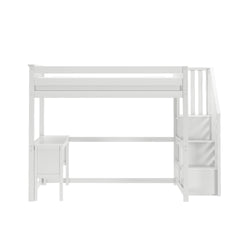 White loft bed with staircase storage and built-in desk, space-saving children’s bedroom furniture