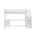 White wooden loft bed with built-in staircase storage and under-bed desk, space-saving kids' bedroom furniture