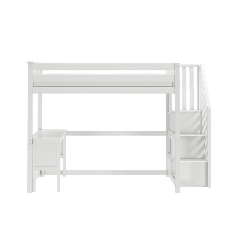 White wooden loft bed with built-in staircase storage and under-bed desk, space-saving kids' bedroom furniture
