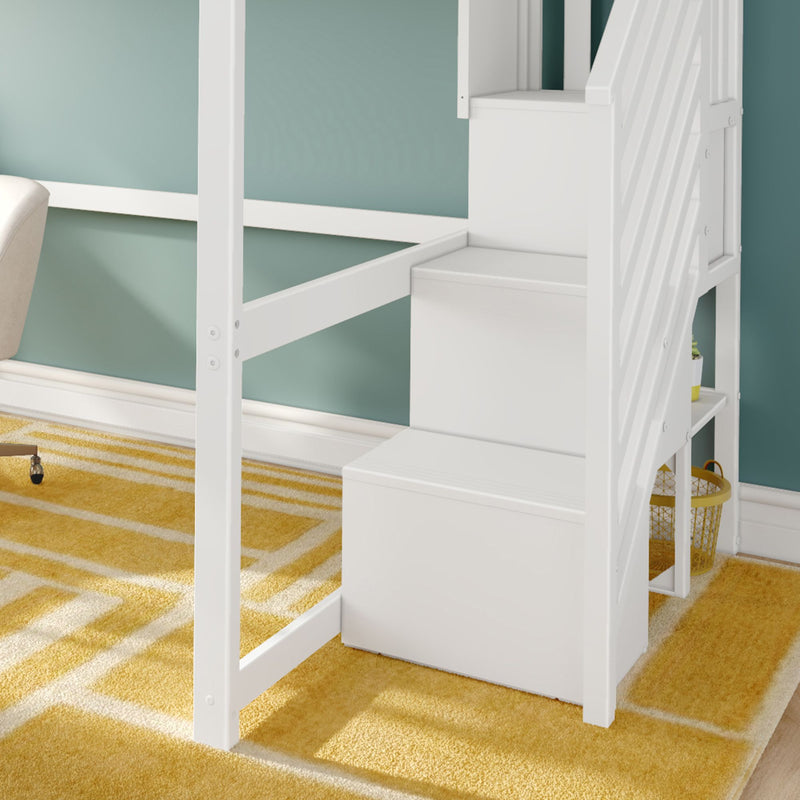 White loft bed stairs with built-in storage drawers in a kids' bedroom, teal accent wall and yellow geometric rug