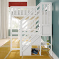 White loft bunk bed with staircase and built-in storage in modern kids' bedroom with teal wall and yellow rug