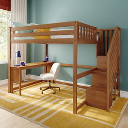 Space-saving wooden loft bed with built-in desk and staircase storage in a kids' bedroom with teal walls and yellow rug