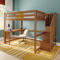 Modern wooden loft bed with built-in desk and staircase over study area, teal wall, striped pillow and yellow rug