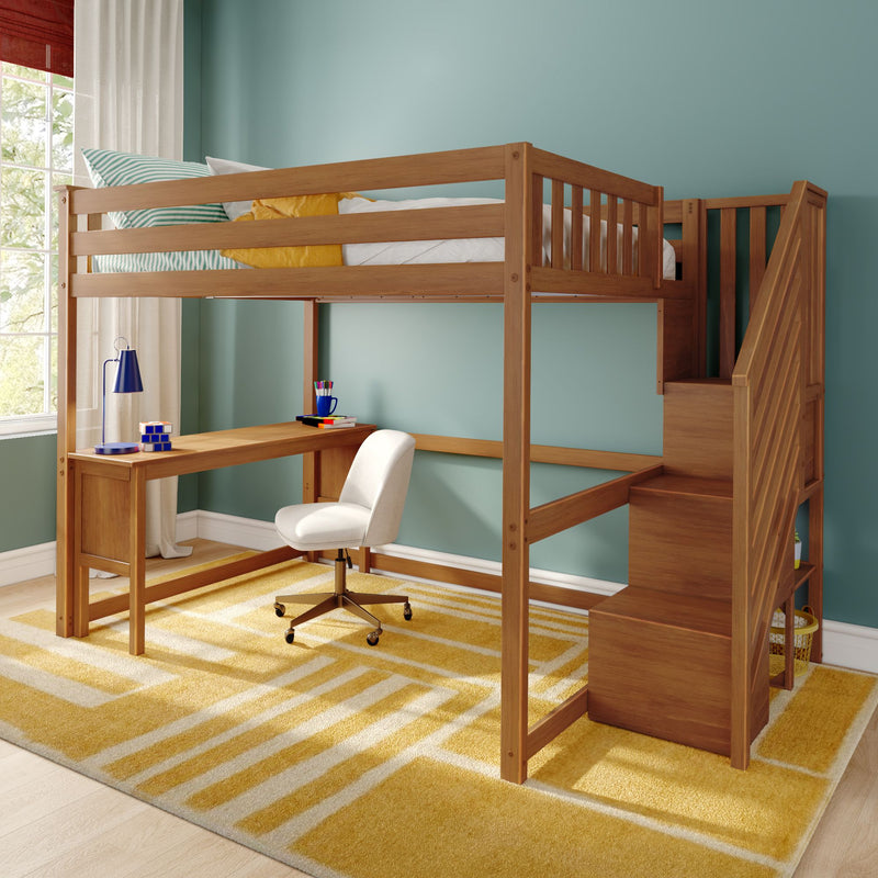 Modern wooden loft bed with built-in desk and staircase over study area, teal wall, striped pillow and yellow rug
