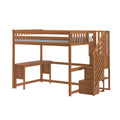 Wooden loft bed with built-in desk and staircase storage in natural oak finish