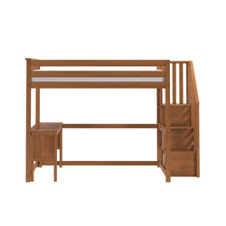 Solid wood loft bed with integrated staircase storage and under-bed desk, warm brown finish, space-saving twin loft design for kids' bedroom