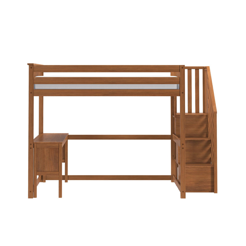 Solid wood loft bed with integrated staircase storage and under-bed desk, warm brown finish, space-saving twin loft design for kids' bedroom
