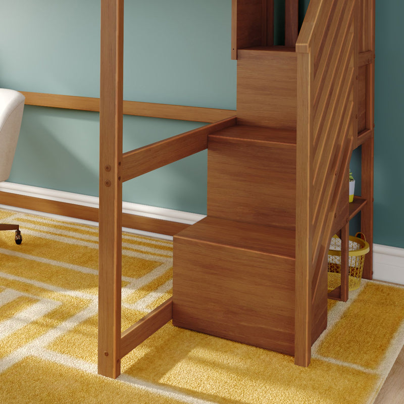Wooden bunk bed with built-in staircase and open shelving against a teal wall, complemented by a yellow geometric rug and white accent chair in a modern kids' bedroom