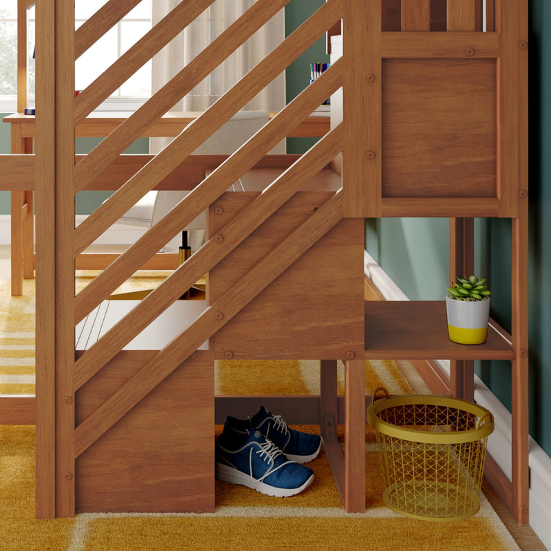 Wooden loft bed with built-in storage shelves, blue sneakers tucked underneath, yellow wastebasket and potted succulent on shelf in a small home office nook