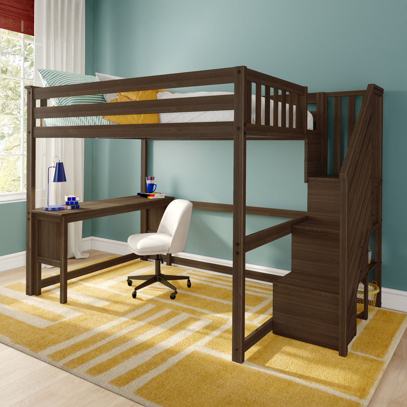 Dark wood loft bed with built-in desk and staircase, white swivel chair, yellow geometric rug and teal wall by sunlit window