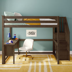 Wooden kids' loft bed with built-in stairs, integrated study desk and white swivel chair against teal wall and yellow rug