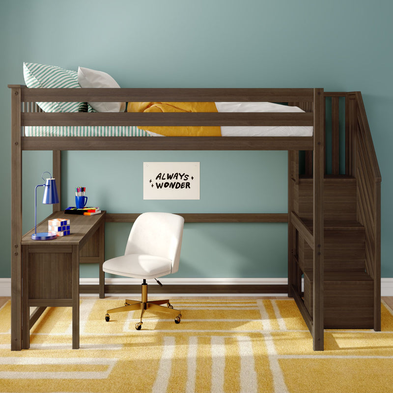 Wooden kids' loft bed with built-in stairs, integrated study desk and white swivel chair against teal wall and yellow rug