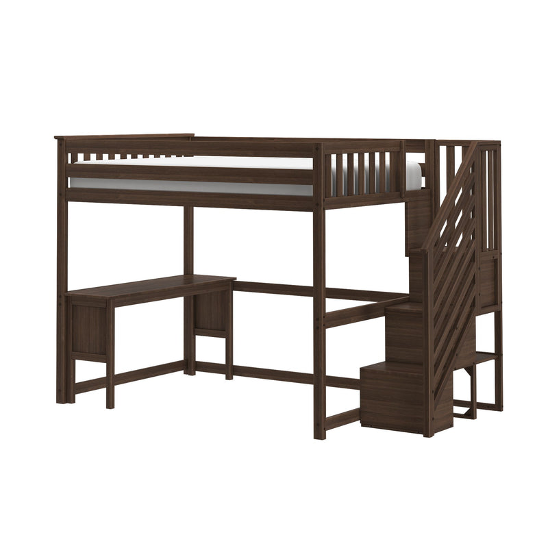 Dark walnut wooden loft bed, space-saving design with built-in desk, storage shelves and staircase