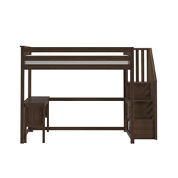 Dark brown wooden twin loft bed with staircase storage and integrated under-bed desk, space-saving bedroom furniture for kids and teens