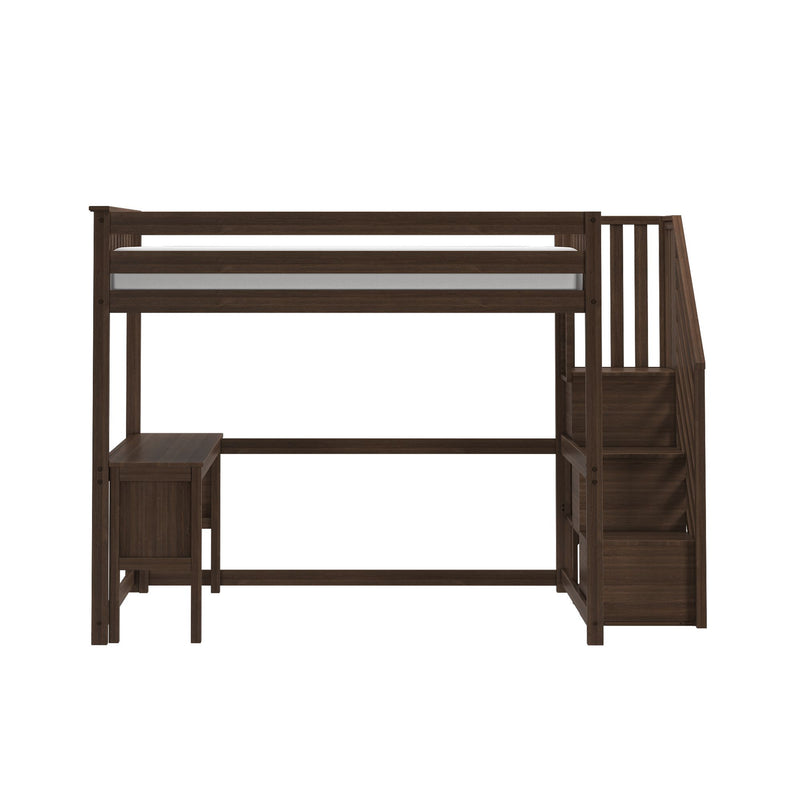 Dark brown wooden twin loft bed with staircase storage and integrated under-bed desk, space-saving bedroom furniture for kids and teens