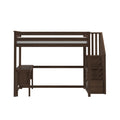 Dark walnut loft bed with built-in stairs, twin mattress platform, under-bed desk and storage, space-saving kids bedroom furniture