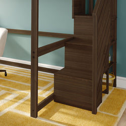 Dark brown wooden loft bed with staircase and built-in storage shelves, yellow geometric area rug and teal bedroom wall