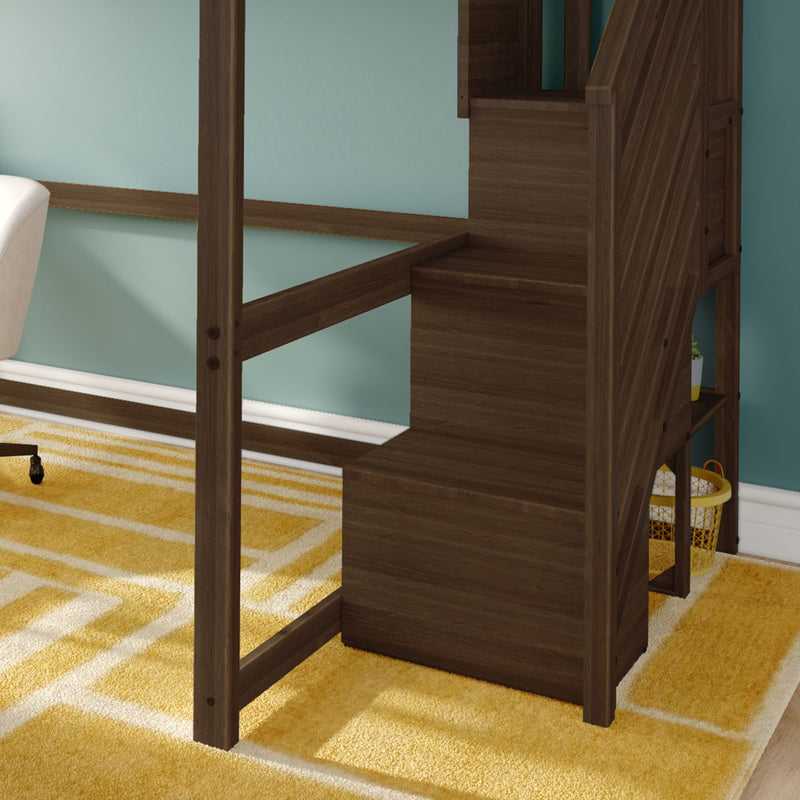Dark walnut loft bed with built-in stairs and storage shelves against a teal wall, yellow geometric rug and partial white chair