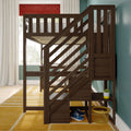 Dark wood loft bed with diagonal slatted staircase and built-in storage, teal bedroom wall, yellow area rug, white curtains, red roman shade and blue sneakers underneath.