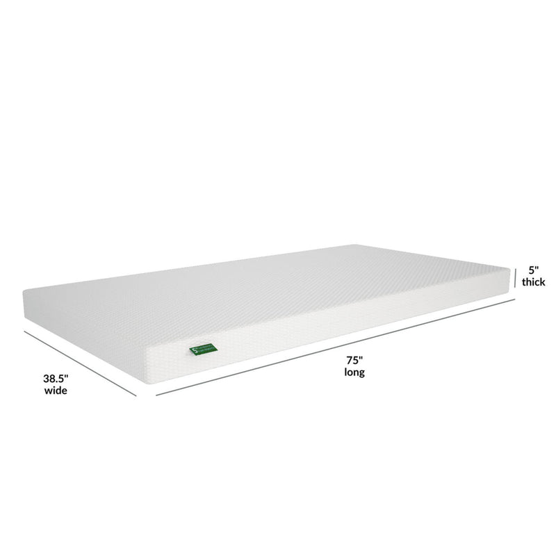 Twin size 5-inch thick foam mattress with dimensions 75 inches long and 38.5 inches wide.
