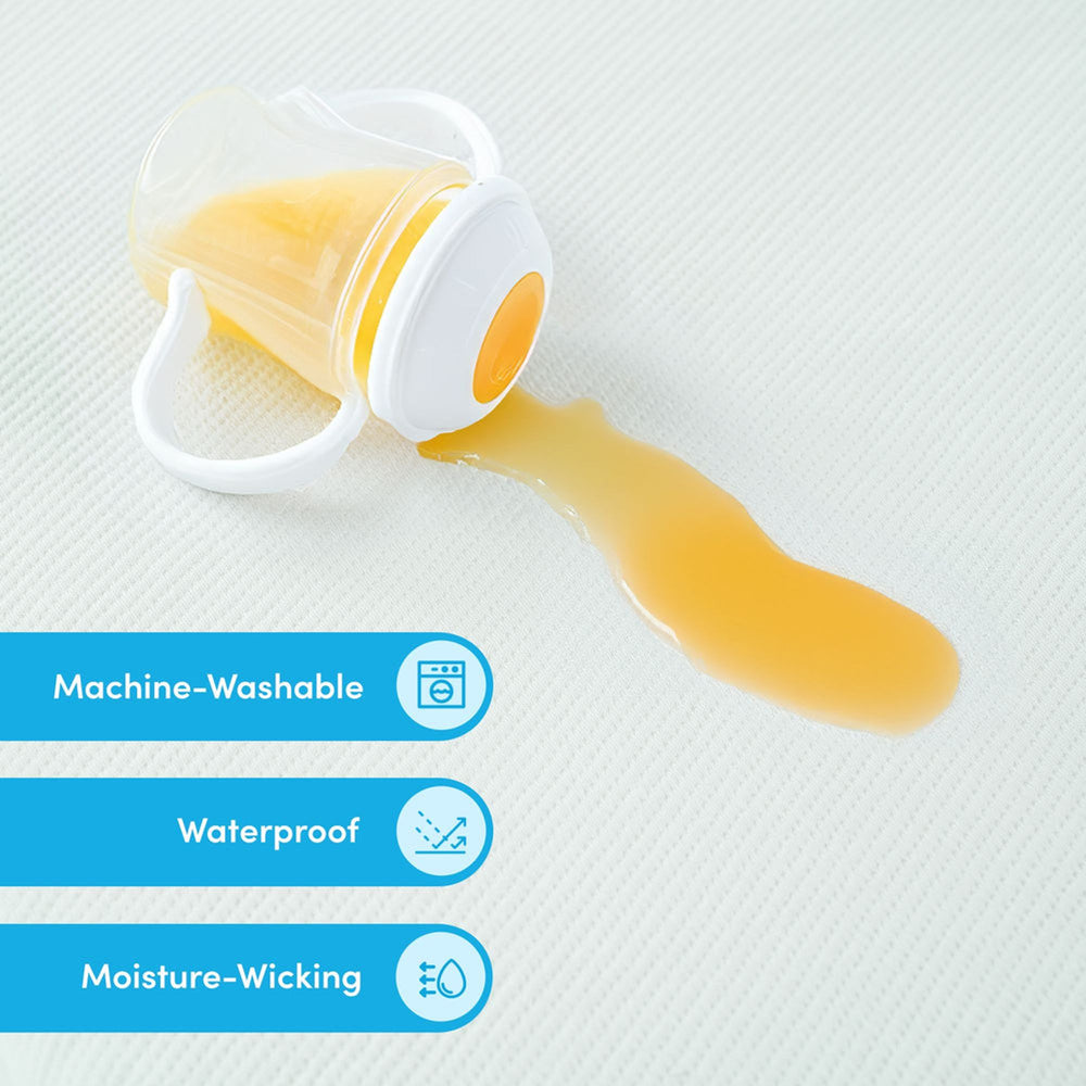 Spilled juice on waterproof, machine-washable, moisture-wicking fabric.