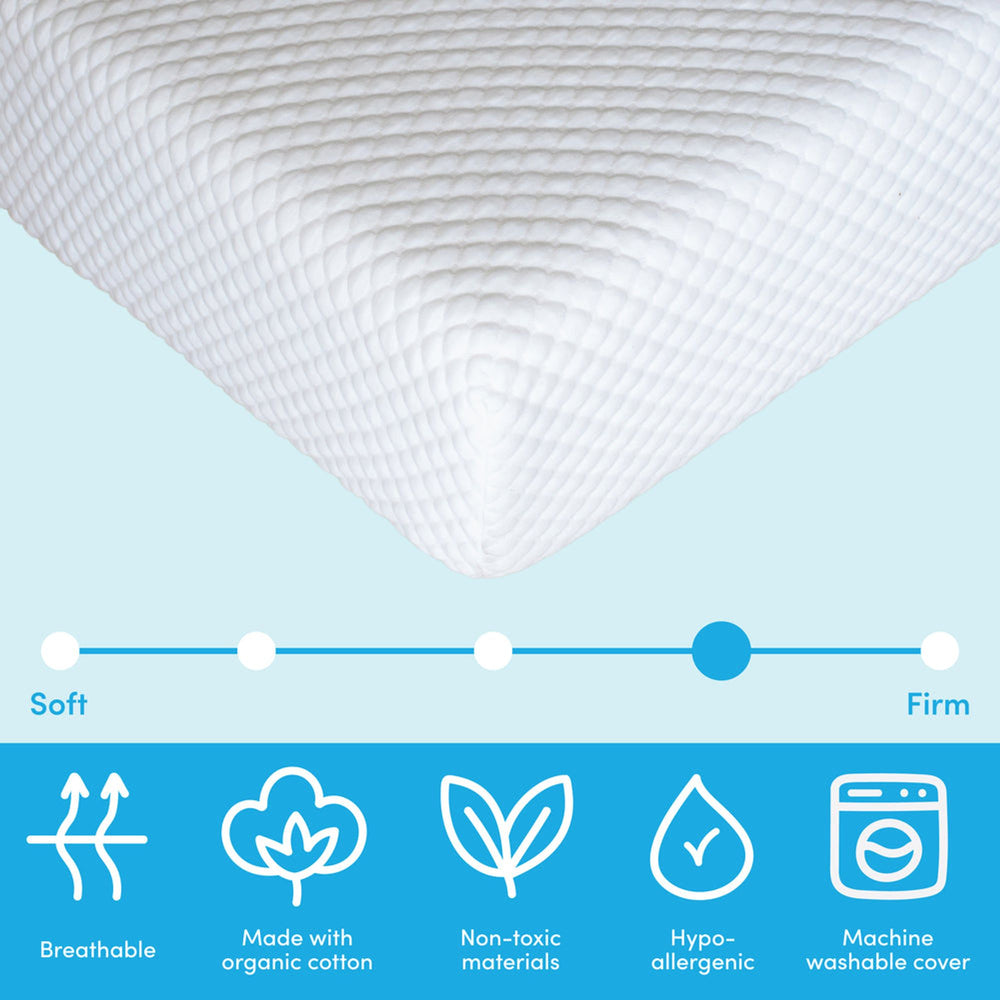 Orthopedic memory foam pillow with breathable organic cotton cover, non-toxic materials, hypoallergenic, machine washable, soft to firm support.