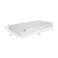 8-inch twin mattress with textured white cover and green label, dimensions 75 x 38 x 8 inches