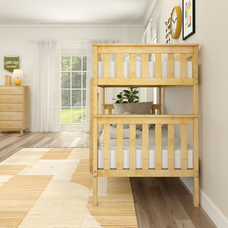 Wooden bunk bed in a modern children's bedroom with light decor and large window.