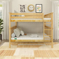 Twin-over-twin solid pine bunk bed with ladder and guardrails in bright children's bedroom with neutral bedding and wall art