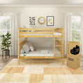 Natural wood bunk bed with twin mattresses in bright kids' bedroom, framed wall art and boxed memory-foam mattress
