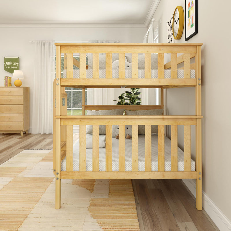 Natural pine twin-over-twin bunk bed with slatted frame in a bright modern kids bedroom featuring neutral bedding, hardwood floors, area rug and wooden dresser