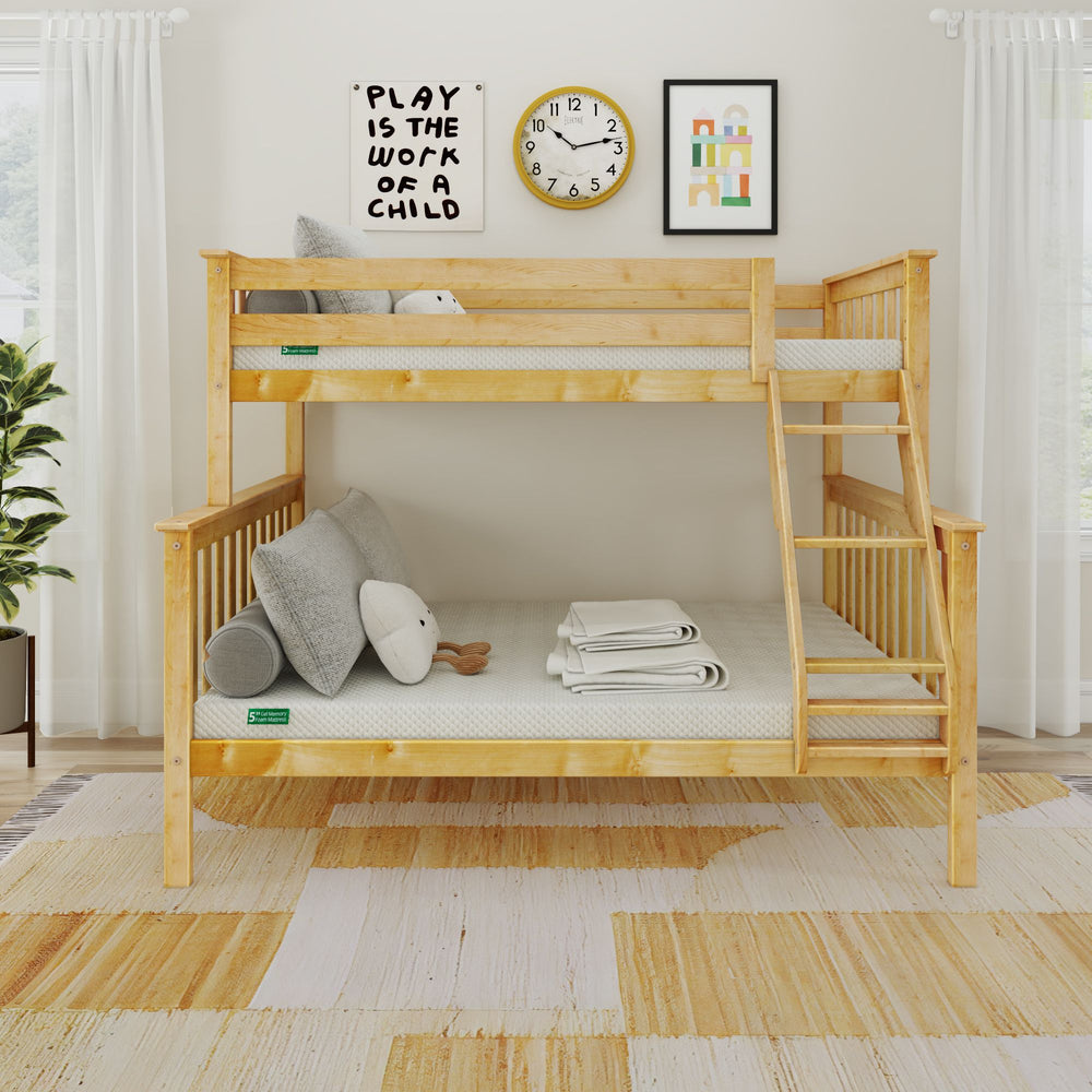 Wooden bunk bed with cozy bedding and playful wall art in a bright child’s room.