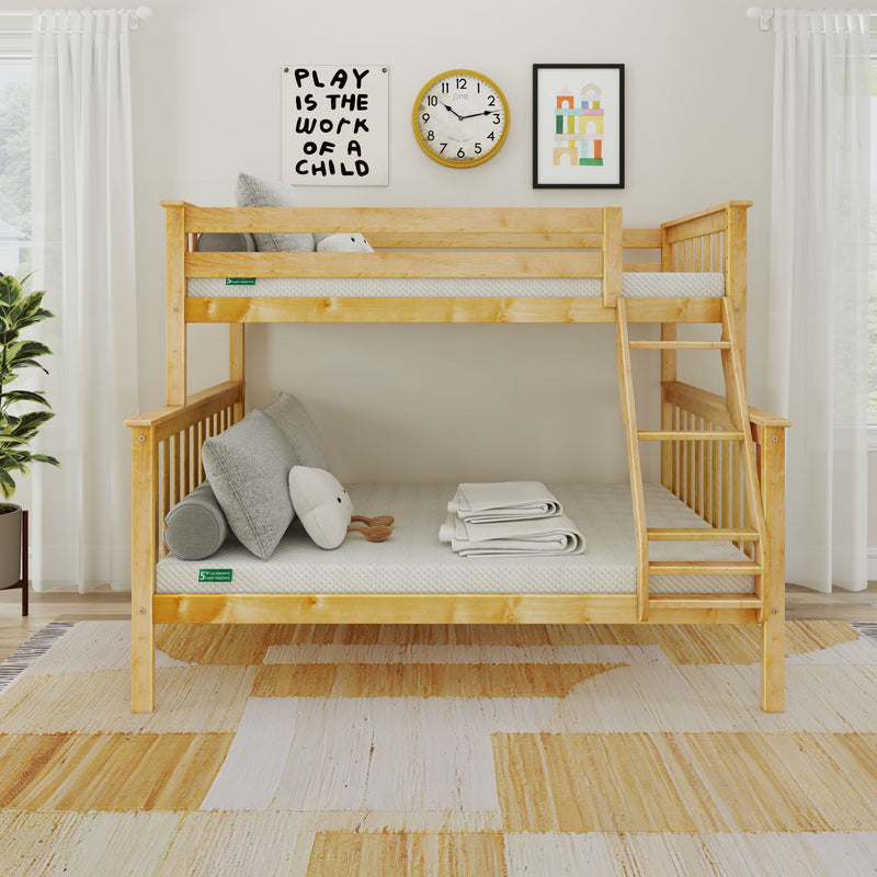 Light natural pine kids' bunk bed with ladder, neutral mattresses and wall art in a modern space-saving children's bedroom