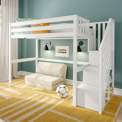 White twin loft bed with built-in staircase storage in children's bedroom, teal accent wall, beige floor sofa reading nook, yellow geometric rug and soccer ball