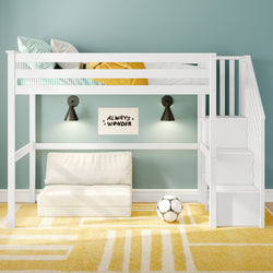 Modern white wooden loft bed with stairs in kids bedroom, teal accent wall, cozy reading nook with cushion, black wall lamps, yellow geometric rug and soccer ball