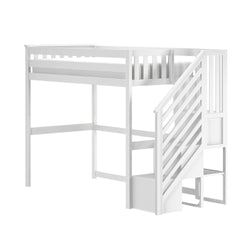 White wooden loft bed with staircase and built-in storage drawer, twin-size raised platform with guardrails — space-saving kids bedroom furniture