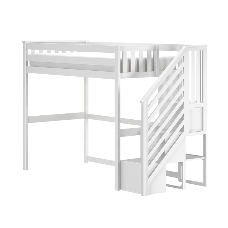 White wooden loft bed with staircase and built-in storage drawer, twin-size raised platform with guardrails — space-saving kids bedroom furniture