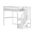White wooden loft bed with built-in stairs and guardrails, twin-size elevated bed for kids, space-saving modern bedroom furniture