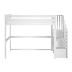 White wooden loft bed with built-in staircase and storage drawers, space-saving twin loft bed for kids' bedroom