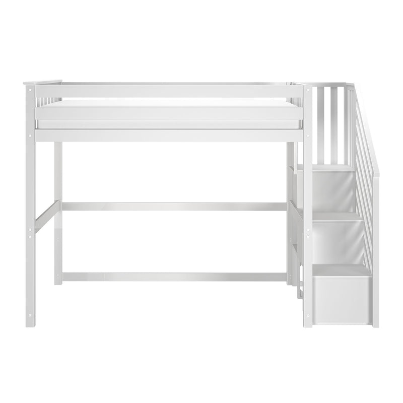 White wooden loft bed with built-in staircase and storage drawers, space-saving twin loft bed for kids' bedroom