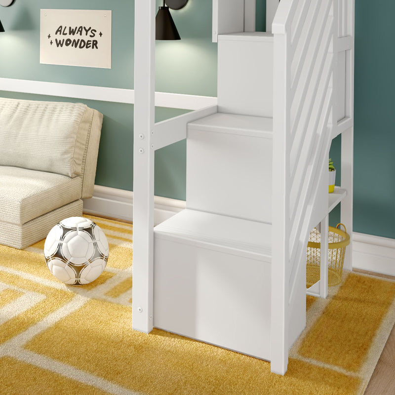 White children's loft bed staircase with built-in storage, beige sofa, soccer ball on yellow geometric rug, teal accent wall and "Always Wonder" wall art