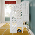 White loft bunk bed with stairs in modern children's bedroom, teal accent wall, large window with red Roman shade, yellow striped rug and under-bed storage with shoes and potted succulent